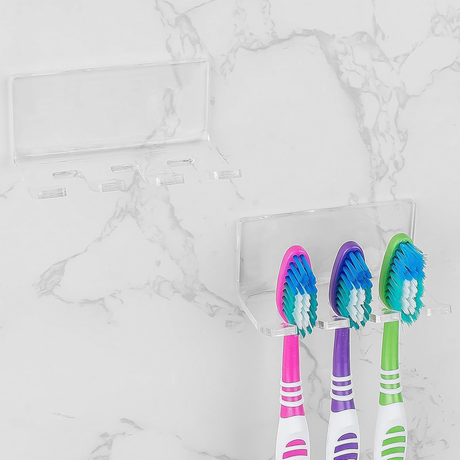 2 Pack Self Adhesive Toothbrush Holders Wall Mounted, 3 Slots Electric Toothbrush Organizer for Shower, Multipurpose Rack Hanger for Power Plug, Razor, Key(Clear)