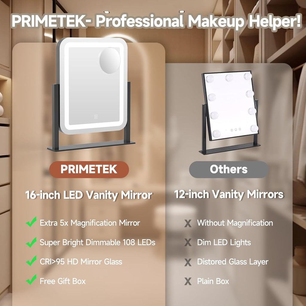 PRIMETEK Vanity Mirror with Lights, 16"x14" Large LED Lighted Makeup Mirror, Hollywood Makeup Mirror, Touch Screen, 3-Color Lighting, 5X Magnification, for Vanity Desk Tabletop, Bedroom, Black