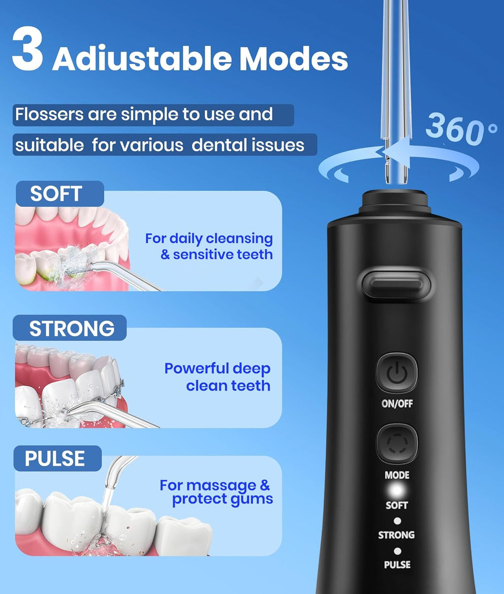 Water Flosser, 300ML Portable Cordless Water Dental Flossers for Teeth Deep Cleaning, IPX7 Waterproof Rechargeable Electric Oral Irrigator Teeth Pick for Travel Home Use and Braces Care (Black)