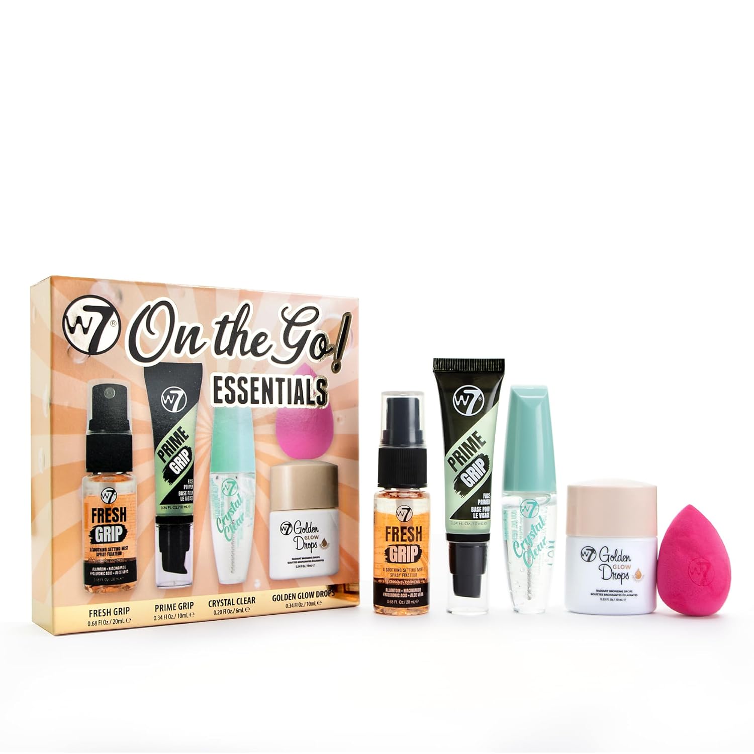 W7 On the Go Essentials Gift Set - Mini Makeup Must-Haves with Primer, Setting Spray, Mascara, Golden Glow Bronzing Drops & Beauty Sponge - Travel or Handbag Size Essentials