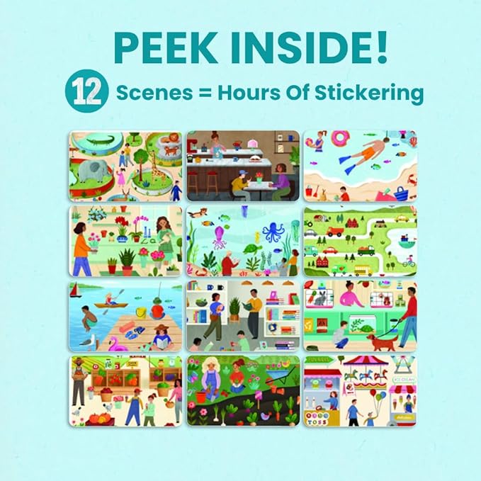 CUPKIN Sticker Book for Kids 2-4, 500+ Kids Stickers, All Around Town 12 Coloring Pages, 12 Side by Side Scenes, Fun Toddler Travel Activity Coloring and Sticker Books for Ages 4-8 + 8-10