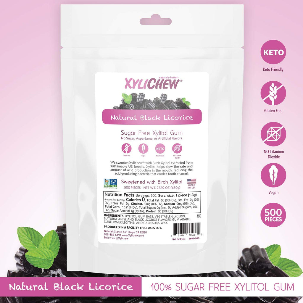 Xylichew 100% Xylitol Chewing Gum - Non GMO, Non Aspartame, Gluten Free, and Sugar Free Gum - Natural Oral Care, Relieves Bad Breath and Dry Mouth - Licorice, 500 Count