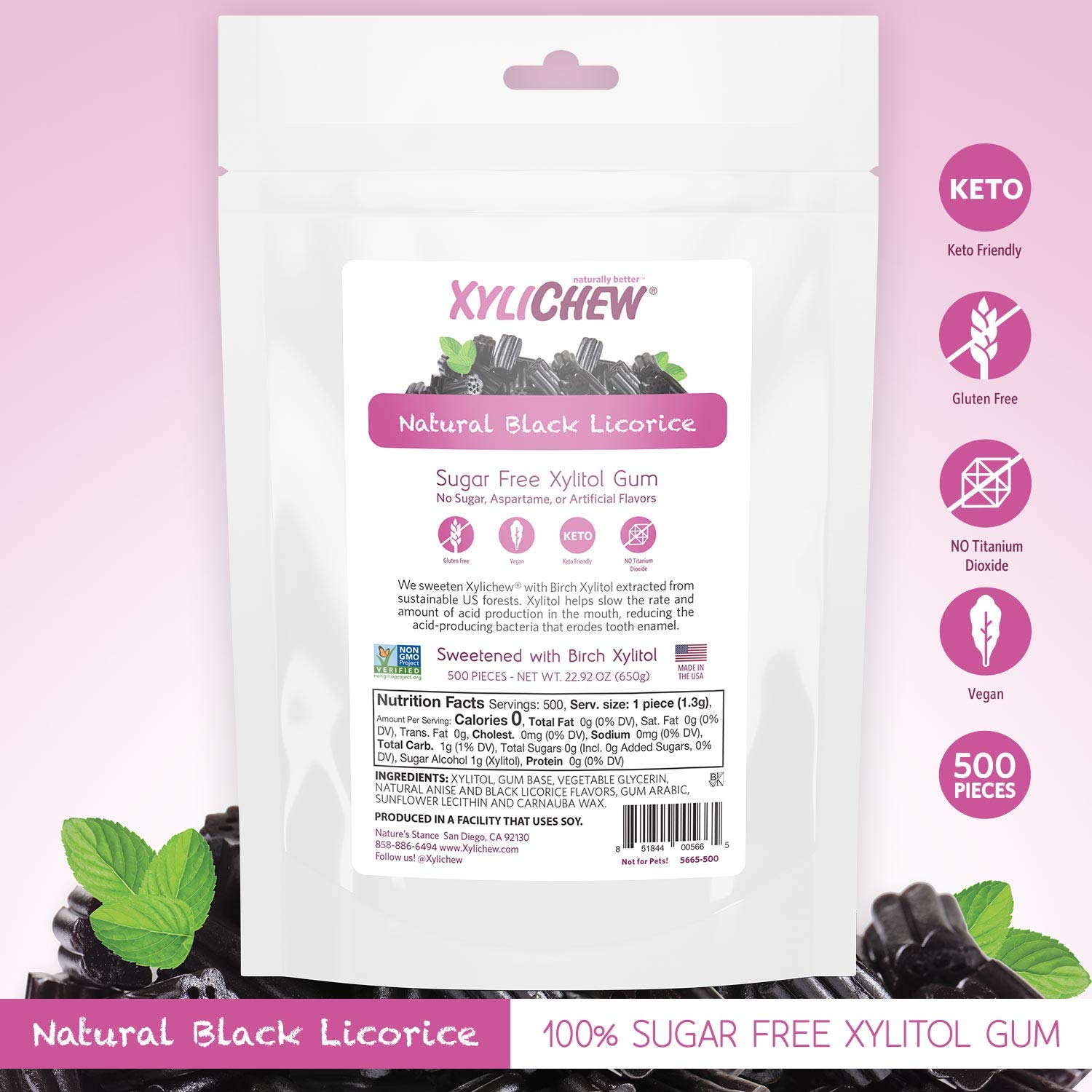 Xylichew 100% Xylitol Chewing Gum - Non GMO, Non Aspartame, Gluten Free, and Sugar Free Gum - Natural Oral Care, Relieves Bad Breath and Dry Mouth - Licorice, 500 Count