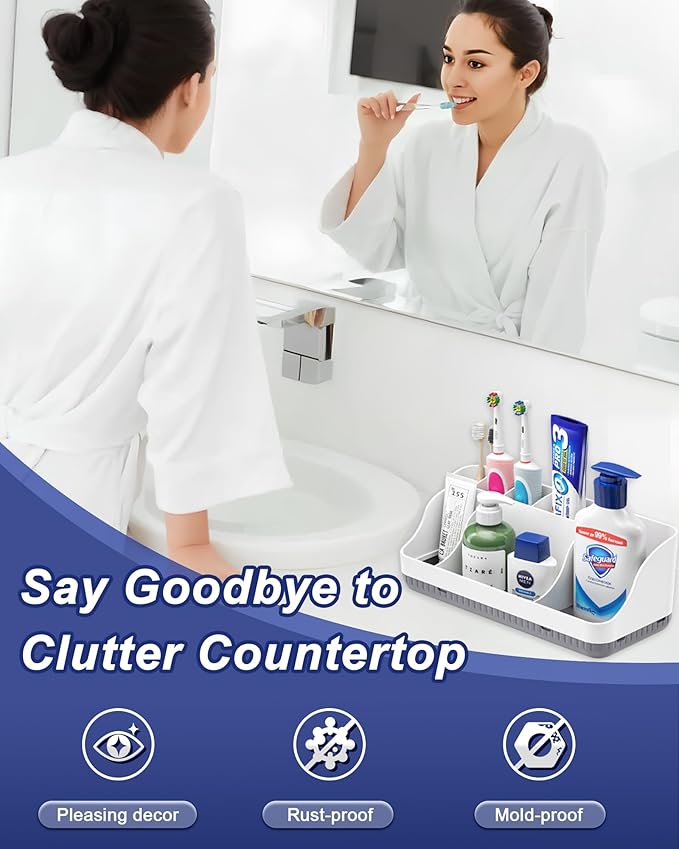 Bathroom Counter Organizer and Storage, 7 Slots Detachable Toothbrush Holders for Bathrooms, Anti-Slip Electric Toothbrush and Toothpaste Holder Countertop Vanity Organizer Accessories for Adults Kids