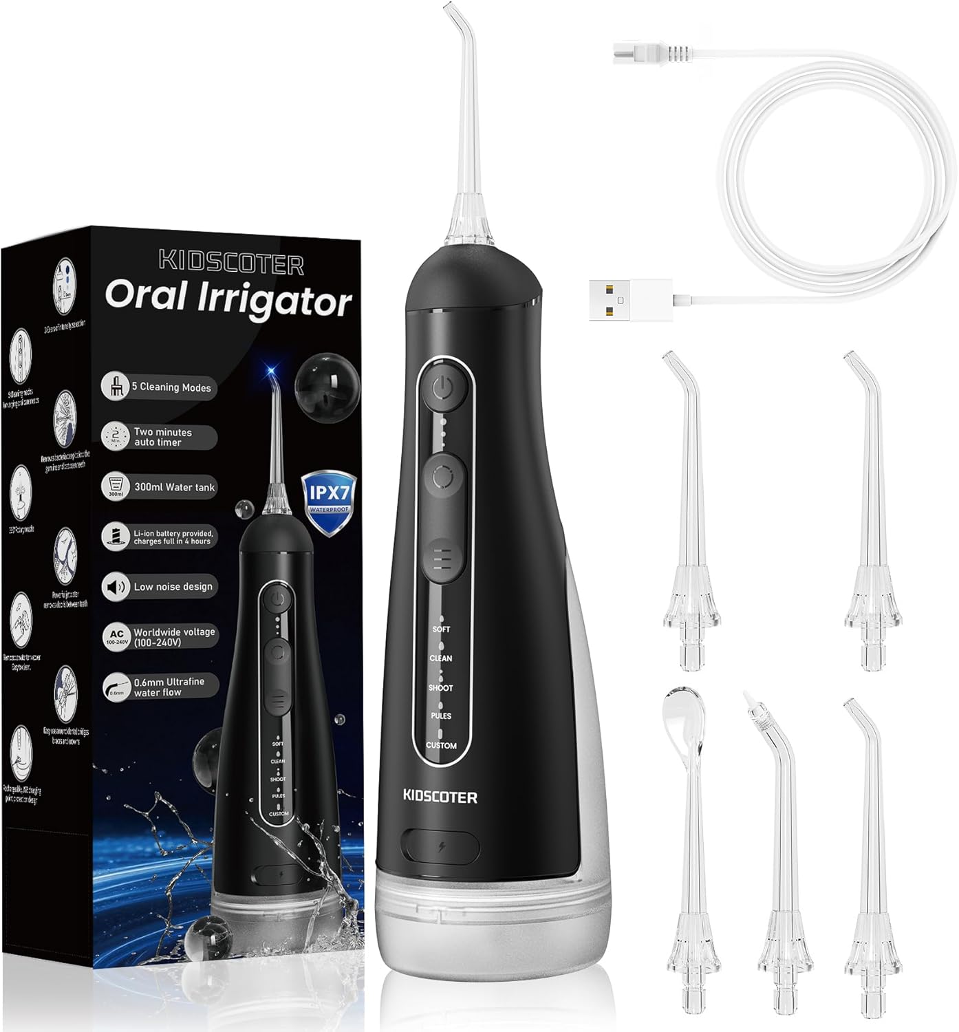 Water Flosser for Teeth with Detachable Washable Tank, 5 Modes Rechargeable Cordless Oral Irrigator, 300ml Portable Dental Flosser, IPX7 Waterproof for Home & Travel, Black