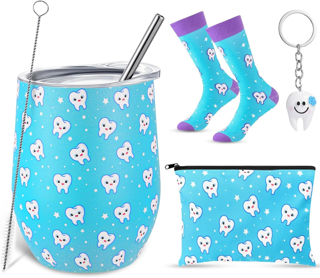 Sliner 4 Pcs Dental Assistant Gifts Set 12 oz Blue Teeth Stainless Steel Tumbler Cosmetic Bag Tooth Shape Keychain Novelty Tooth Sock Dental Hygienist Gifts for Nurse Dentist Christmas Graduation