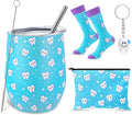 Sliner 4 Pcs Dental Assistant Gifts Set 12 oz Blue Teeth Stainless Steel Tumbler Cosmetic Bag Tooth Shape Keychain Novelty Tooth Sock Dental Hygienist Gifts for Nurse Dentist Christmas Graduation
