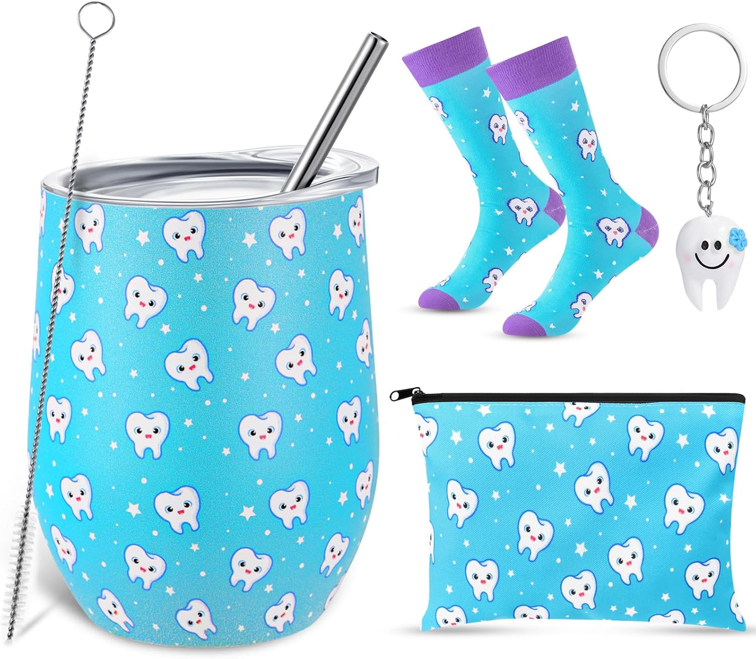 Sliner 4 Pcs Dental Assistant Gifts Set 12 oz Blue Teeth Stainless Steel Tumbler Cosmetic Bag Tooth Shape Keychain Novelty Tooth Sock Dental Hygienist Gifts for Nurse Dentist Christmas Graduation