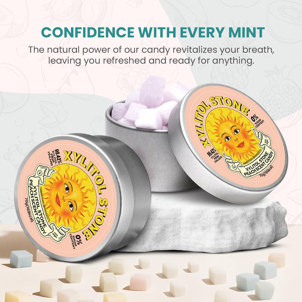 Xylitol Stone Sugar Free Candy - Vegan & Keto Friendly Unique Hard Candy - 100% Natural Flavor Candies - Gluten Free & Non-GMO Breath Freshener Low Calorie Mints - Peach (Pack of 2)