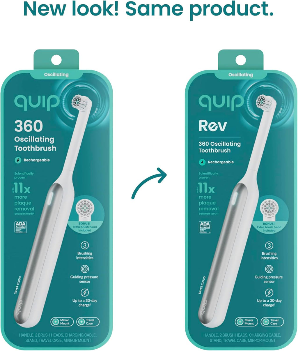 Quip 360 Oscillating Rechargeable Electric Toothbrush with Extra Brush Head - Soft Bristles, Pressure Sensor, 3 Intensities, 30-Day Battery Life, 2-Min Timer, Travel Case, Mirror Mount - Silver Cloud