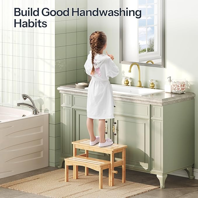 HOOBRO Wooden Step Stool for Toddlers, 2-in-1 Step Stool for Kids, Retractable Bamboo Stool with Anti-Slip Surface, for Bathroom Sink, Potty Training, Easy Assembly, Natural and White YL20JD01