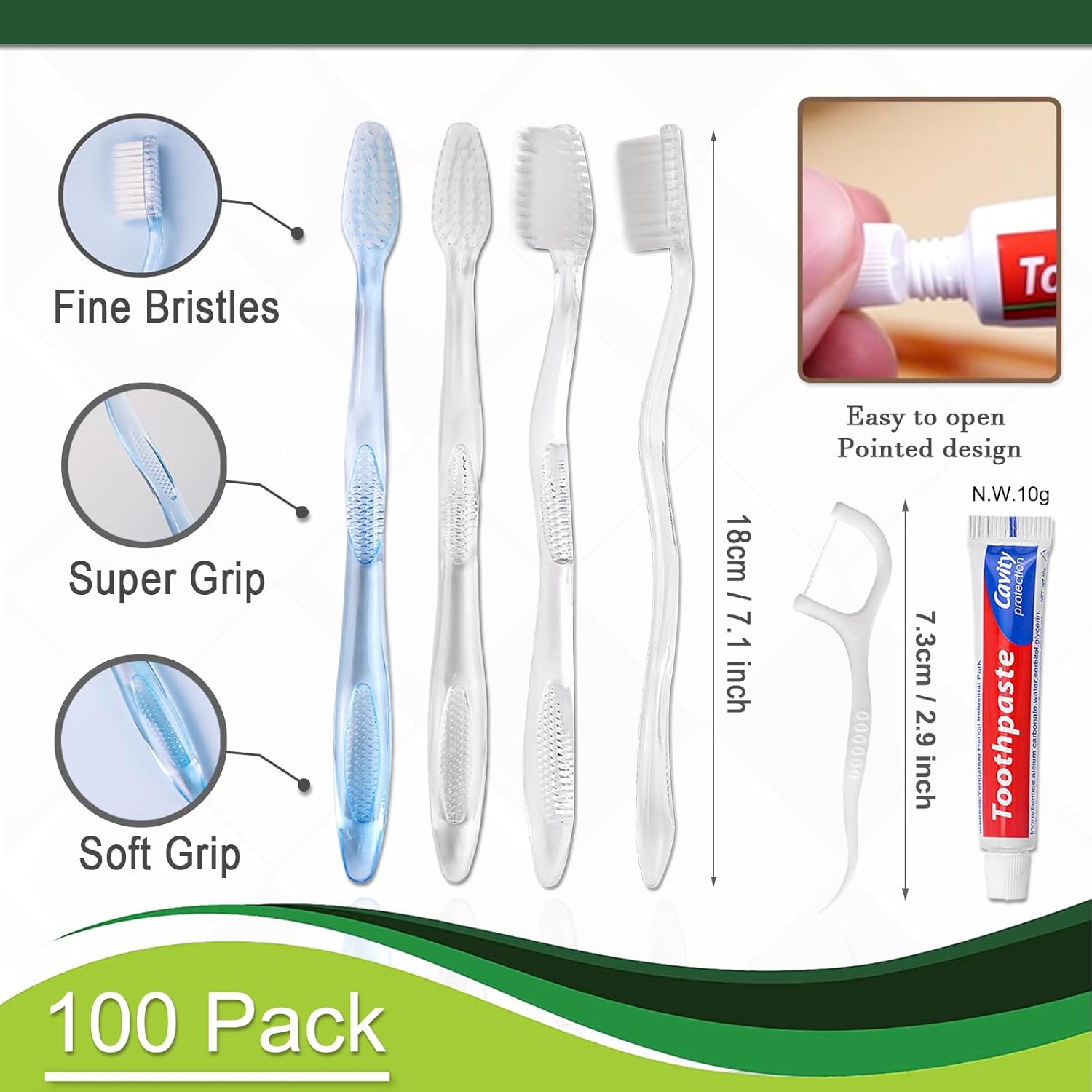 100 pcs Disposable Toothbrushes with Toothpaste Floss Individually Wrapped, 2 Color Toothbrush, 10g Toothpaste, Floss Pick, Bulk Toothbrush for Homeless,Airbnb,Hotel,Guest