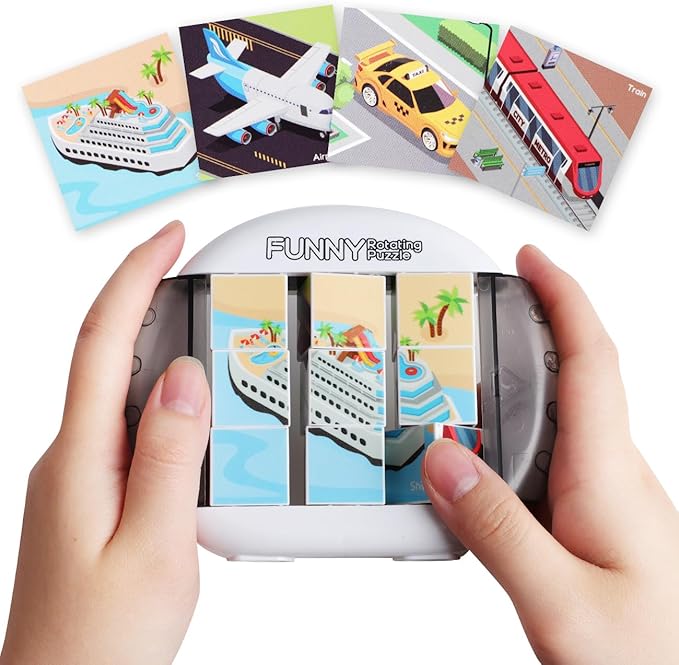 Rotating Puzzle for Kids 3 4 5 6 7 8 Year Old, 4 Puzzles in 1, Toddlers Travel, Car, Airplane, Road Trip Activities, Fine Motor Skills, Fidget, Gift for Boys & Girls Ages 3+ (Transportation)