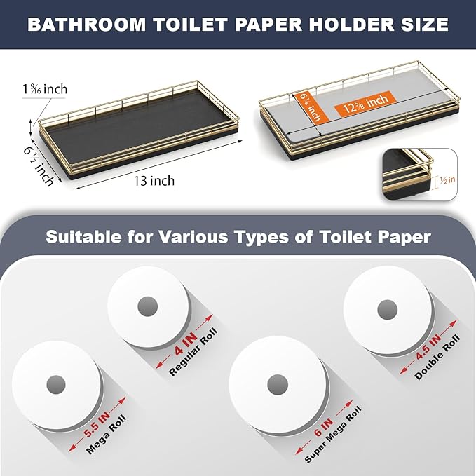 Oak Bathroom Toilet Tank Tray, 13" Paper Storage Basket Tray Back of Toilet Basket Organizer, for Perfume Makeup Candle Kitchen Counter Coffee Table Gold Decor