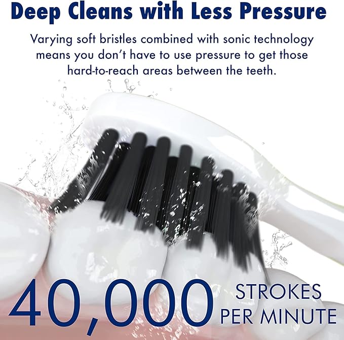 Sonic-FX Solo Electric Toothbrush w/ 10 Brush Heads + 1 Interdental, Charcoal Bristles, Rechargeable, Charging/Storage Base, 3 Brush Modes, Smart Timer, 2 Months Use on Full Charge, White Color