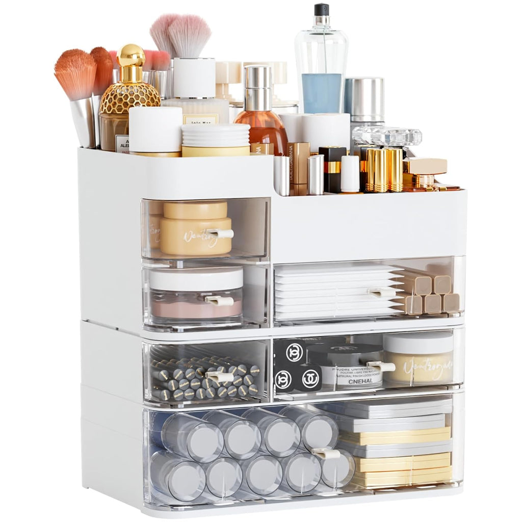 White Countertop Makeup Organizer with 6 Drawers,Large Capacity Skincare Organizers for Vanity,Desk,Dresser,Plastic Bathroom Counter Organizer for Beauty,Skin Care,Perfume,Make up Brush Organization