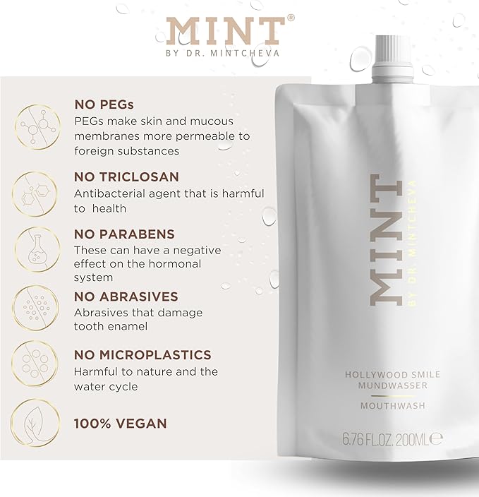 Mint Hollywood Smile Mouthwash Refill – 2-Phase Whitening Formula with Hydrogen Peroxide 0,1% & Sodium Polyphosphate – Alcohol-Free – Vegan – 6.76 fl oz