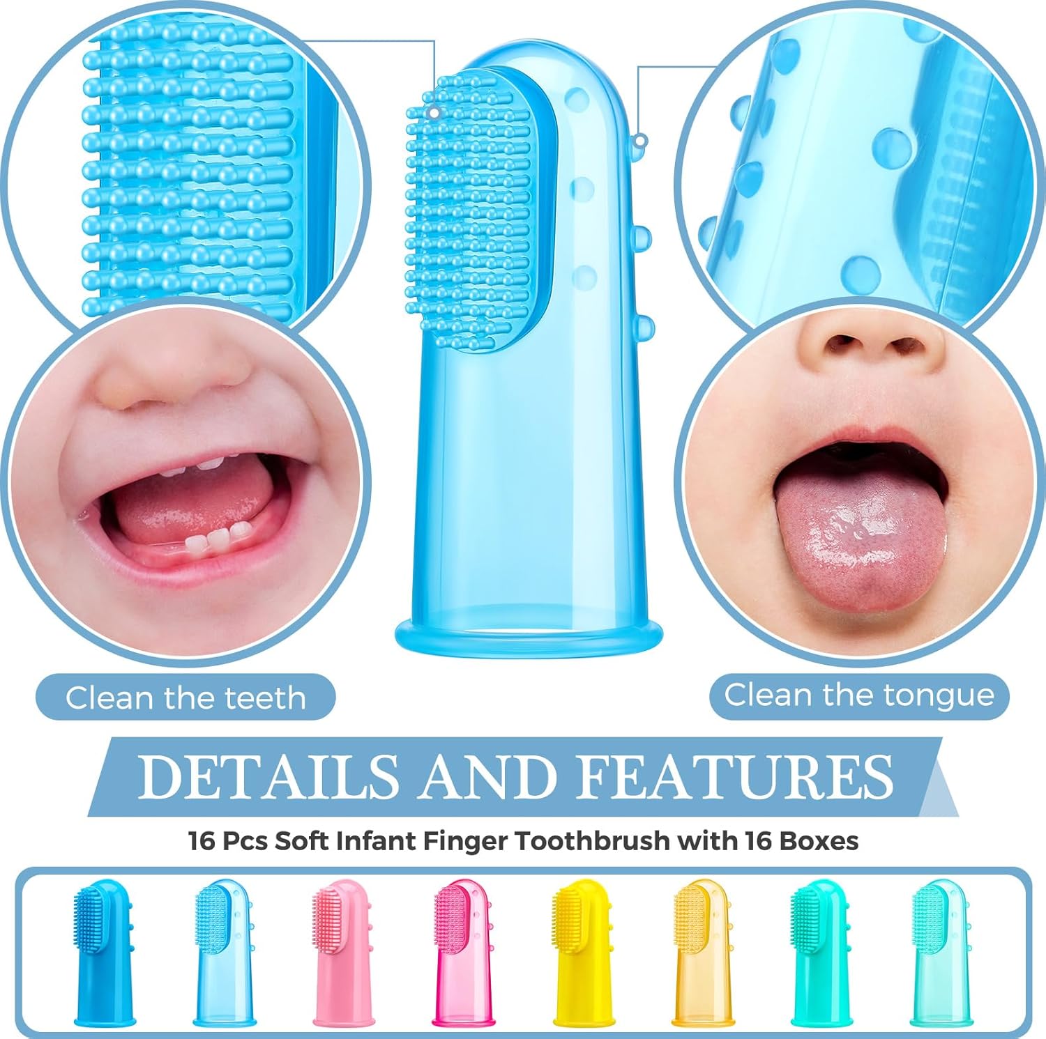 Zopeal 16 Sets Baby Finger Toothbrush for Toddler Kids with Boxes Travel Storage Case Silicone Soft Finger Toothbrush for Infant Newborns Lids Training Healthy Oral Habits Teething Cleaning Massaging