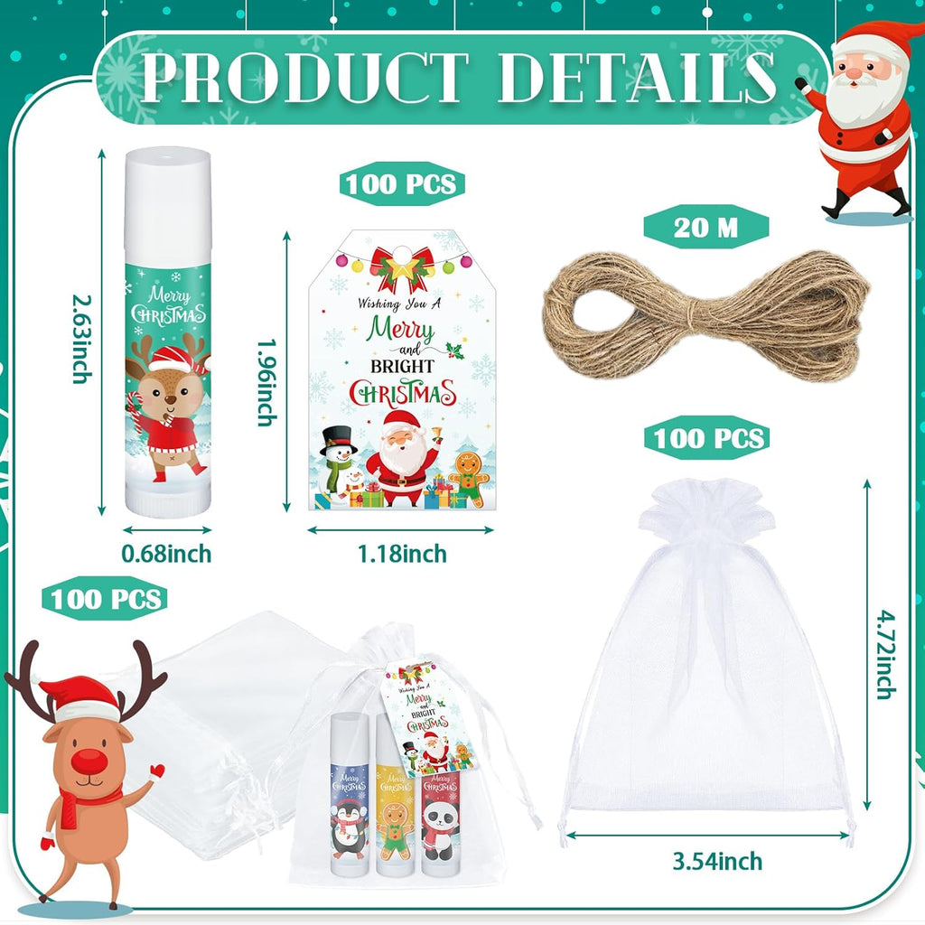 100 Pack Christmas Lip Balm Bulk Party Favors, Holiday Stocking Stuffers for Women Men, Small Employee Appreciation Gifts, Winter Moisturizing Lip Care Set for Coworkers Staff Thank You Gifts