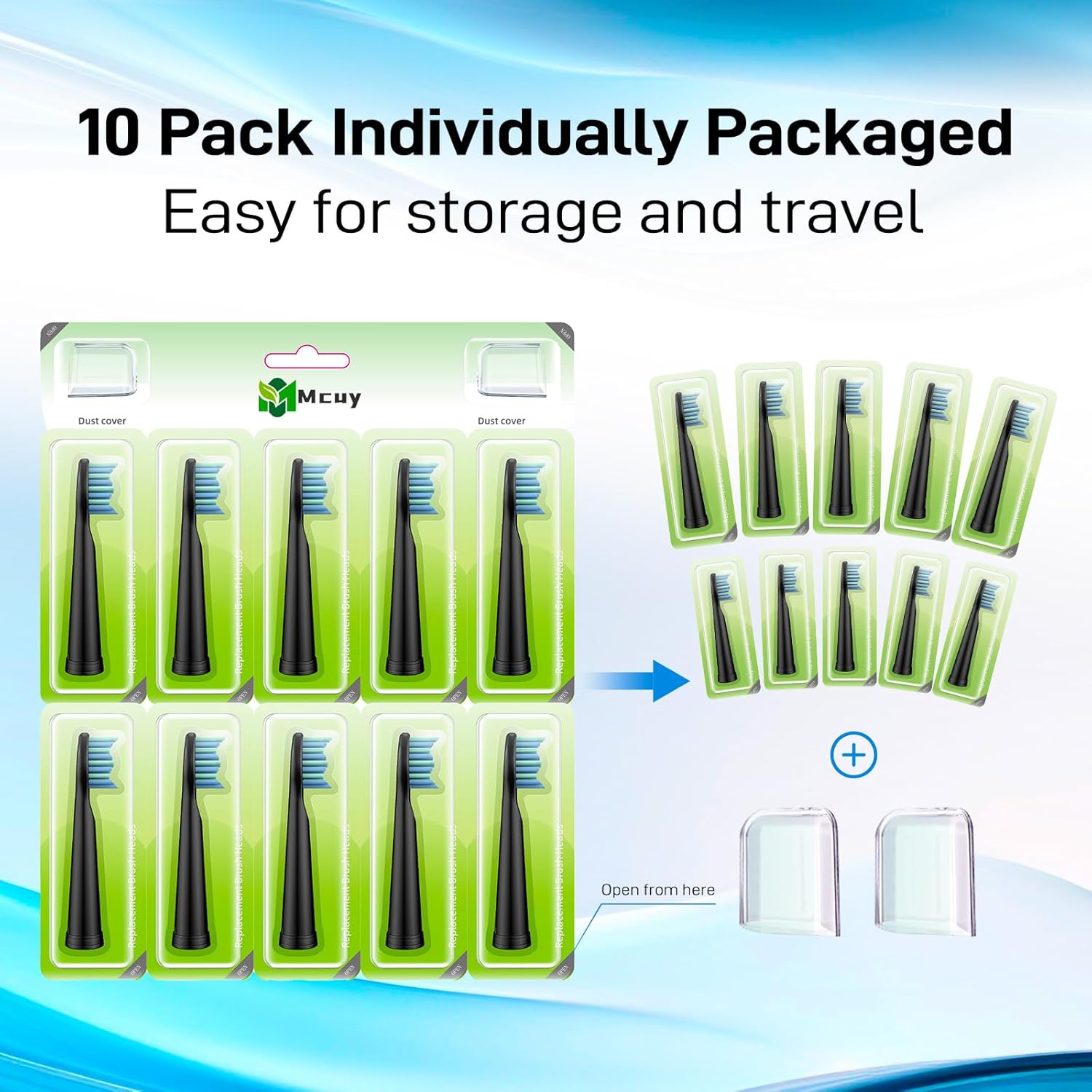 Replacement Toothbrush Heads Compatible with TEETHEORY Sonic and Fairywill Toothbrush - Electric Brush Heads Replacement for FW-507/508/515/551/917/959/D1/D3/D7/D8/2011, 10 Pack, Black