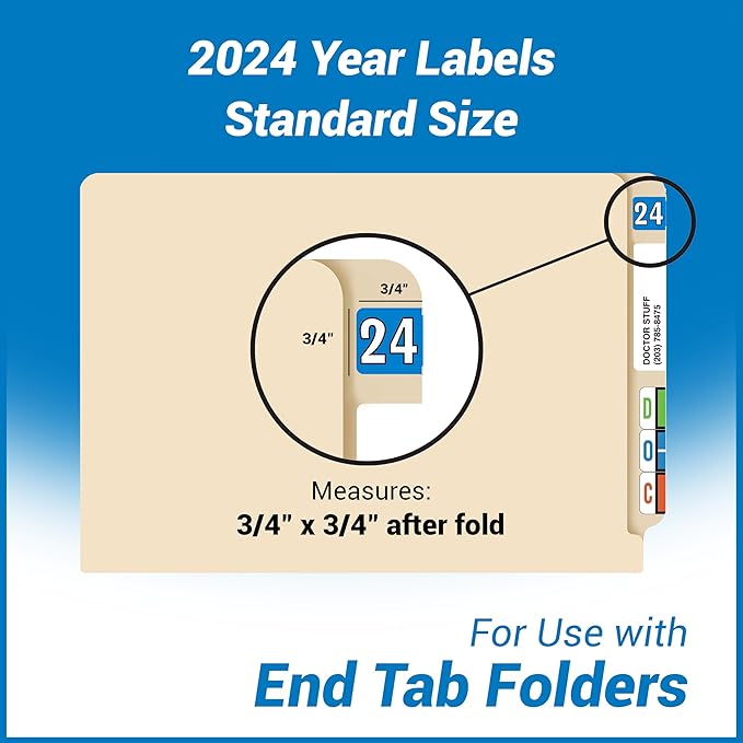 2024 Year Stickers, Doctor Stuff 2024 Chart Stickers, Blue/Black Color Coded, Colwell Jewel Tone Style, USA Made Year Labels for End Tab File Folders, 500/Roll, 1 Roll, 3/4" x 1-1/2"