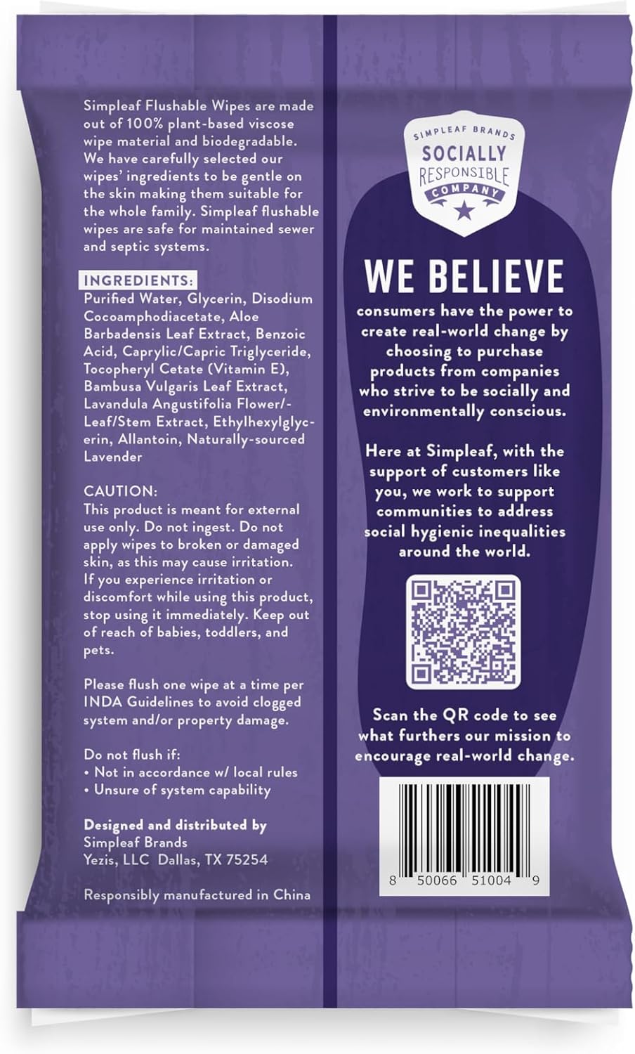 Simpleaf Flushable Wet Wipes Lavender| Eco-Friendly, Paraben & Alcohol Free | Hypoallergenic & Safe for Sensitive Skin | Soothing Aloe Formula | (24 x 25 Counts Convenient Pack) 600 Counts Total