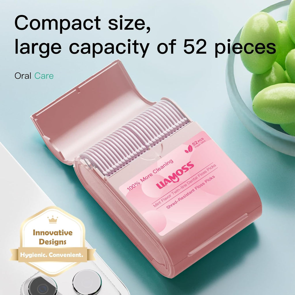 Twin-Line Dental Flossers,2 Box LIAMOSS Cool Mint Flavor Shred Resistant Dental Floss Picks Pink Handy Case,104 Count Toothpicks Sticks,Effective Interdental Cleaning,On The Go Flossing(Pink)…