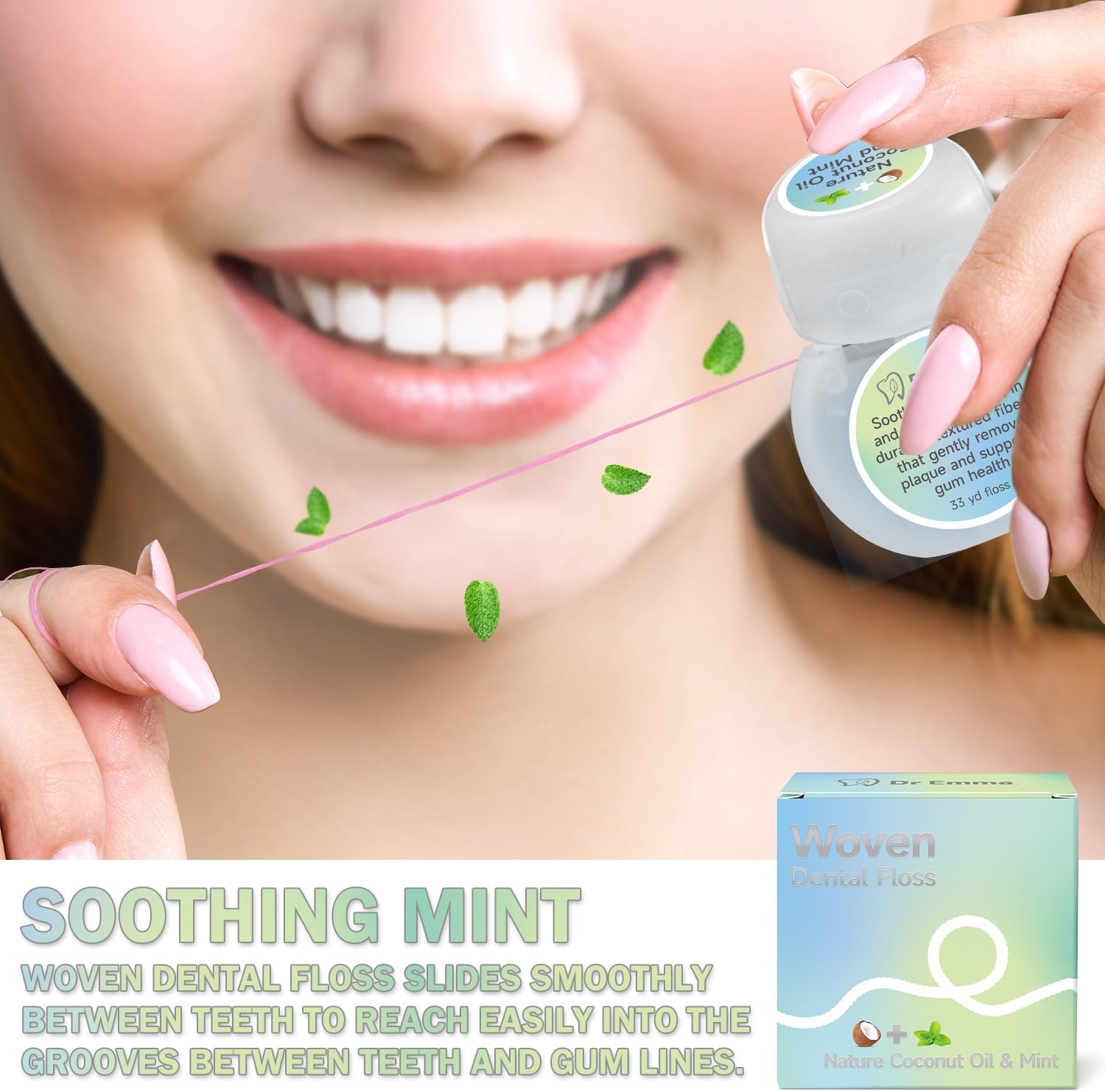 Dr. Emma Woven Dental Floss Coconut Oil Infused Expanding Dental Floss, Oral Care Stretchable Floss, Mint 33yd Blue, Pack of 2