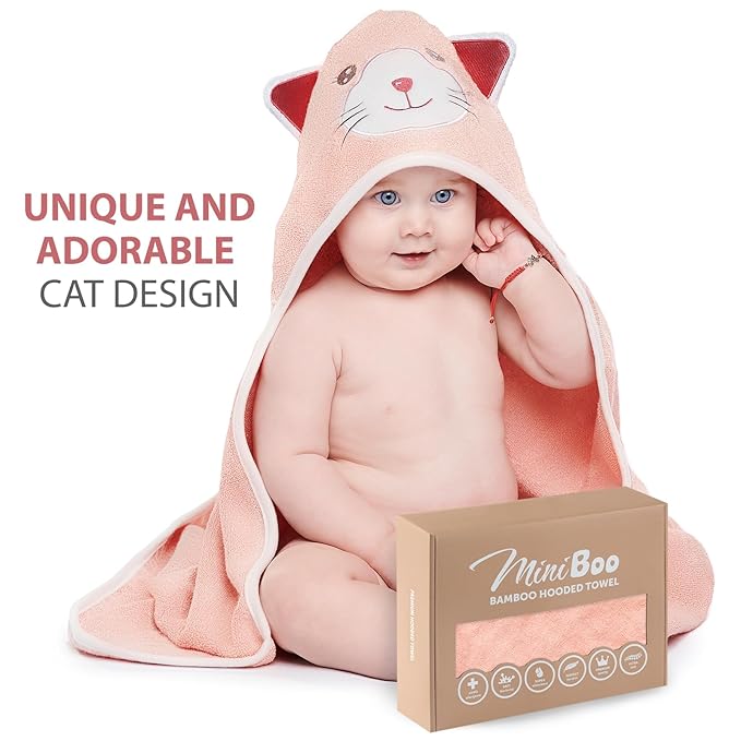 MINIBOO Hooded Baby Towels for Newborn & Toddler - Super Soft Baby Bath Towels with Hood, Highly Absorbent Viscose Made from Bamboo Hooded Towel for Girls, Newborn Essentials.