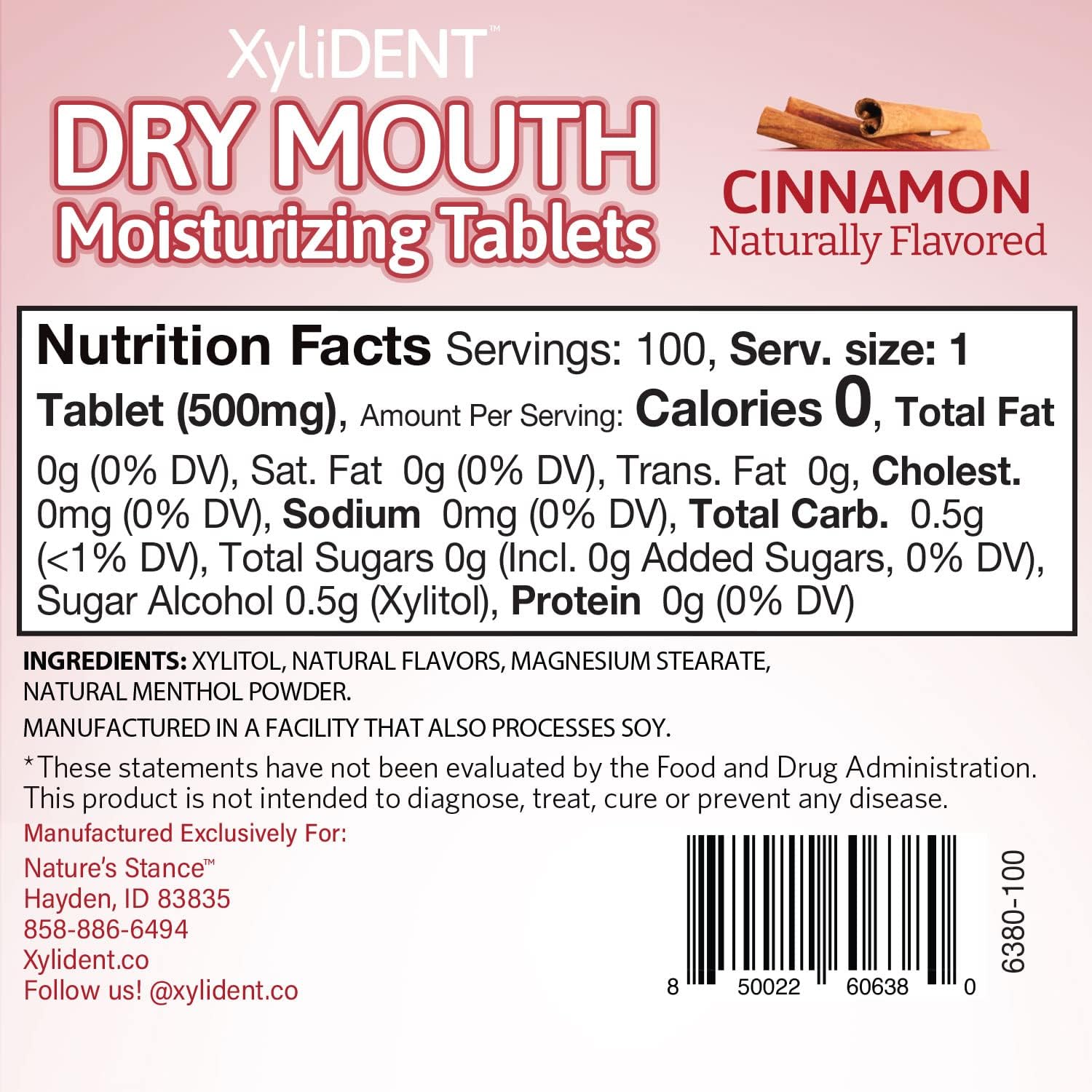 Nature's Stance XyliDENT Xylitol Tablets for Dry Mouth Relief - Stimulates Saliva, Freshens Breath, Reduces Acid Production, Fast Acting Relief, 100 Count (Cinnamon)