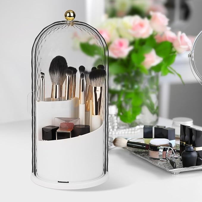 Toothbrush Holders with Sliding Lid, Rotating 3 Slots Bathroom Organizer Countertop, Tooth Brush Toothpaste Holder Bathroom Counter Stand Caddy for Vanity Makeup Brushes Holder (White)