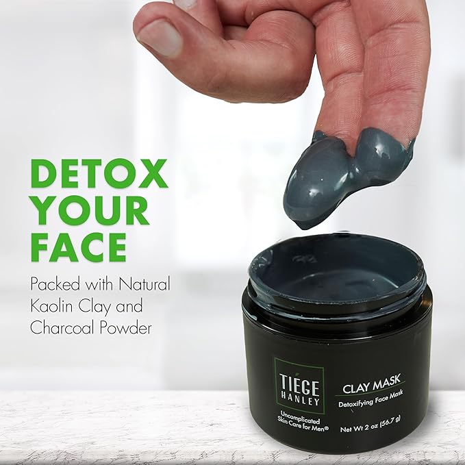 Tiege Hanley Detoxifying Facial Clay Mask for Men, Deep Pore Cleansing Charcoal Face Mask With Natural Kaolin Clay and Aloe, Absorbs Oil & Reduces Appearance of Pores, Men’s Skin Care, 2 Oz