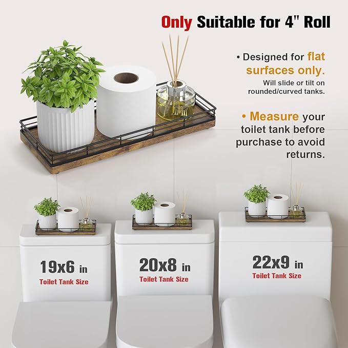 Rustic Bathroom Toilet Tank Tray, 11.2" Wood Toilet Paper Storage Basket Back of Toilet Basket Organizer, Vanity Tray for Perfume Makeup Candle Kitchen Counter Coffee Table Decor