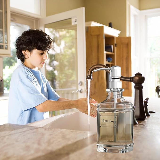 GLADPURE Soap Dispenser - 2 Pack, 18 Oz Antique Design Thick Glass Hand Soap Dispensers; with 304 Rust Proof Stainless Steel Pump, 6Pcs Clear Stickers, for Kitchen, Bathroom - Silver