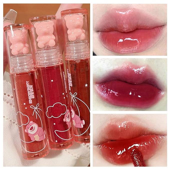 Yasovigi 6pcs Jelly Lip Gloss Bear Lip Stain Moisturizing Watery Lipstick Waterproof Long Lasting Cheek Cosmetics Beauty Lip Tint Makeup