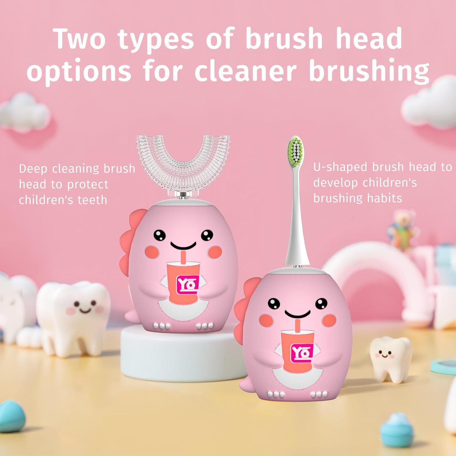 Kids U Shaped Electric Toothbrush，auto Sonic Baby Toothbrush，Cartoon Dinosaur 360-Degree Cleaning IPX7 Waterproof Design*（2-7y）