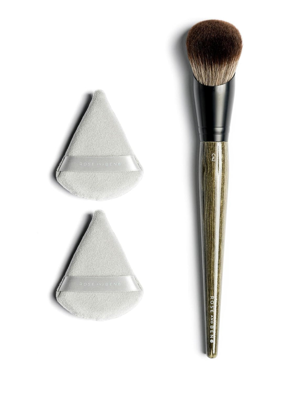 Rose and Ben Beauty C42 Foundation Brush & Setting Puff Bundle | Professional Makeup Tools for Flawless Liquid, Cream & Powder Application | Streak-Free Coverage & Precise Undereye Blending | Cruelty-
