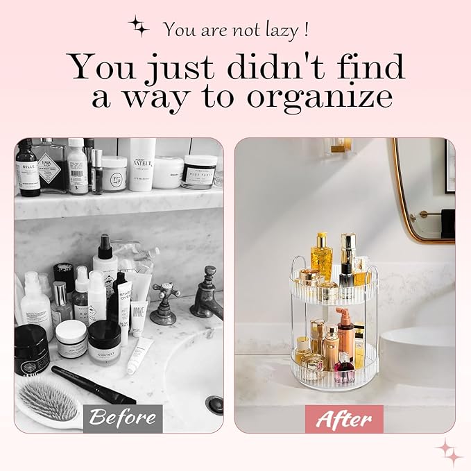 Rotating Makeup Organizer, 360° Spinning Makeup Storage Holder Rack, Dresser Bathroom Organizer Countertop, Large Capacity Perfume Skincare Lipstick Organizer for Vanity.(2 Tiers, Transparent)