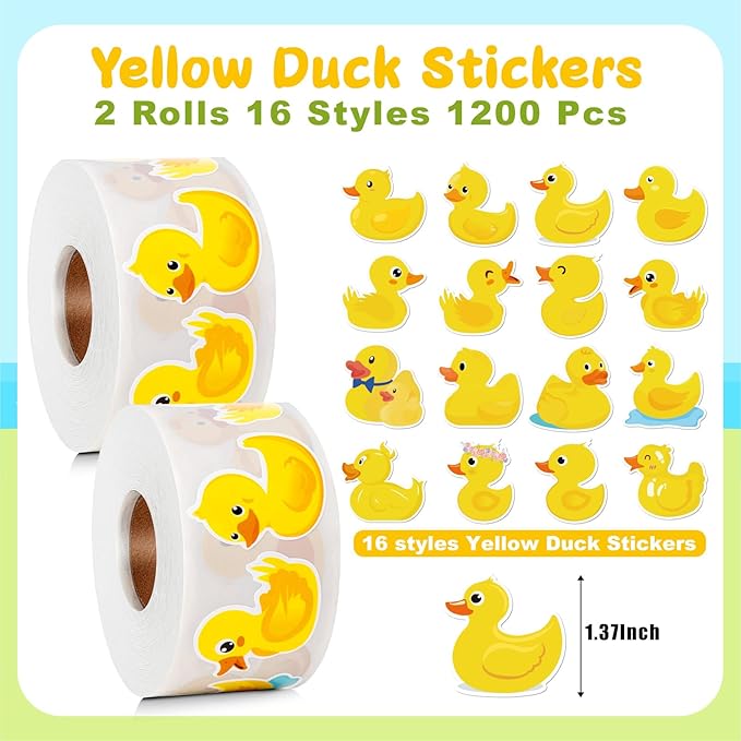 1200 Pcs Duck Stickers Cute Rubber Yellow Ducks Roll Stickers Present for Duck Birthday Meeting Favor Water Bottles Notebook Decorations