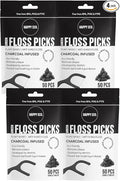 Dental Floss Picks (200pcs) - Flossers for Adults, Vegan Corn-Straw Handle, Superior Oral Care & Anti-Shred Thread, Dental Hygiene, Tooth Pick Sticks, Teeth & Gum Health (Charcoal, Single Thread)
