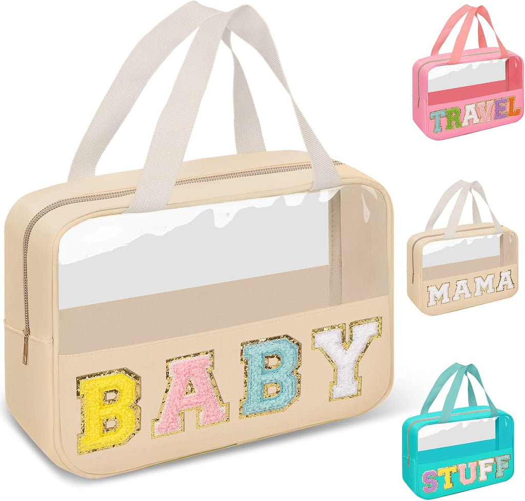 Preppy Clear Baby Makeup Bags with Chenille Letter Patches, Travel Essentials Large Clear Make up Bag Zipper Pouch with Handle, Waterproof Nylon Cosmetic Toiletry Storage Tote for Women (BABY-Beige)