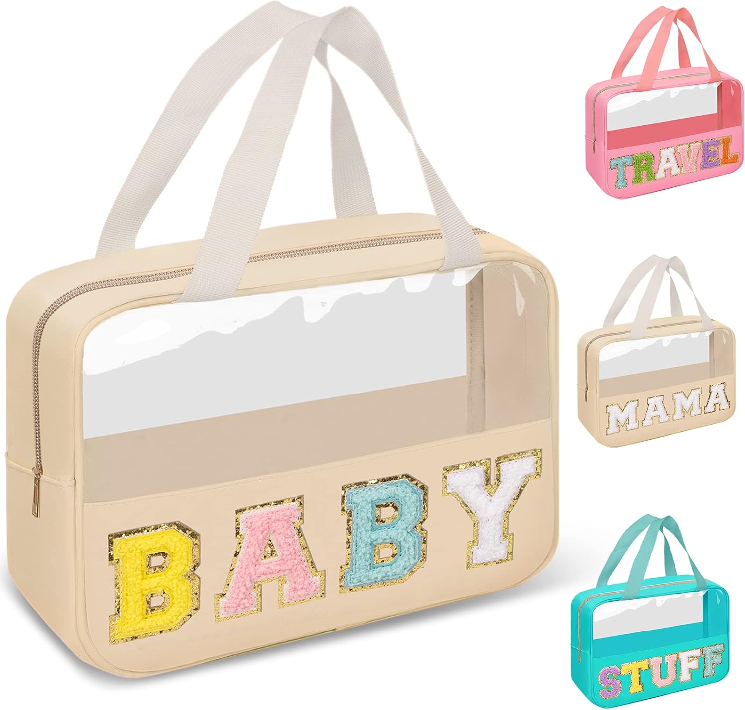 Preppy Clear Baby Makeup Bags with Chenille Letter Patches, Travel Essentials Large Clear Make up Bag Zipper Pouch with Handle, Waterproof Nylon Cosmetic Toiletry Storage Tote for Women (BABY-Beige)
