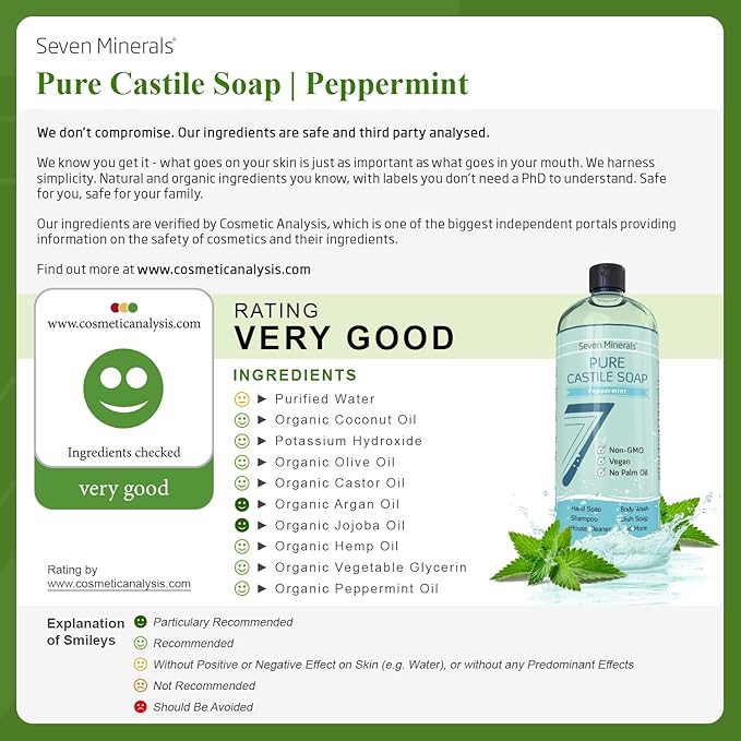 Pure Castile Soap, Peppermint - No Palm Oil, GMO-Free - Gentle Liquid Soap For Sensitive Skin & Baby Wash - All Natural Vegan Formula with Organic Carrier Oils (33.8 fl oz)