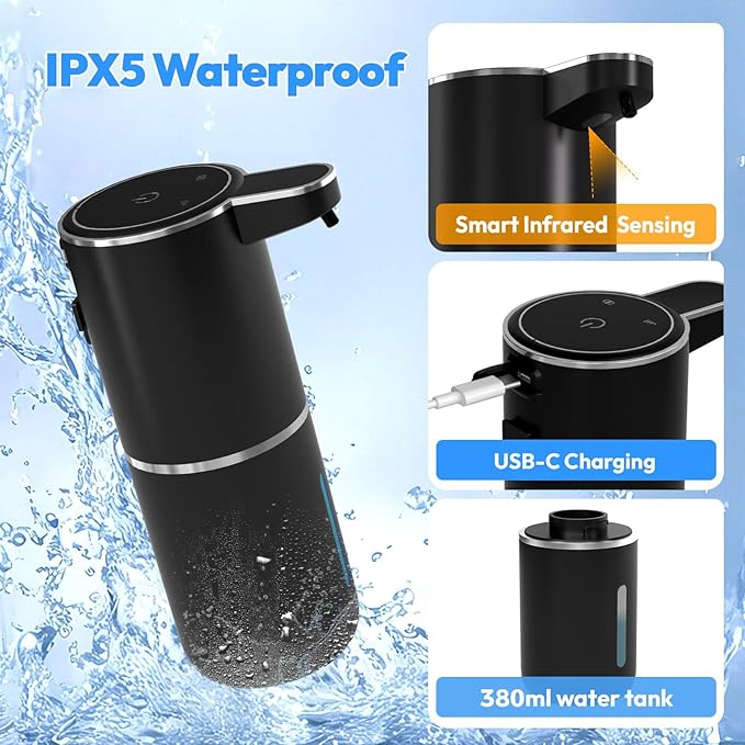 2 Pack Automatic Foaming Soap Dispenser,Touchless Foam Soap Dispenser,12.8oz Rechargeabled Wall Mounted Smart for Bathroom and Kitchen Dish Soap,Easy for Toddlers(Black)