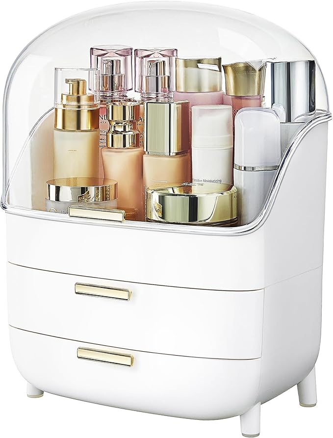Vtopmart 3-Tier Skincare Makeup Organizer with Drawers and Lid for Vanity and Bathroom Countertop, Large Cosmetic Storage Box Case for Dresser, with Non-Slip Base