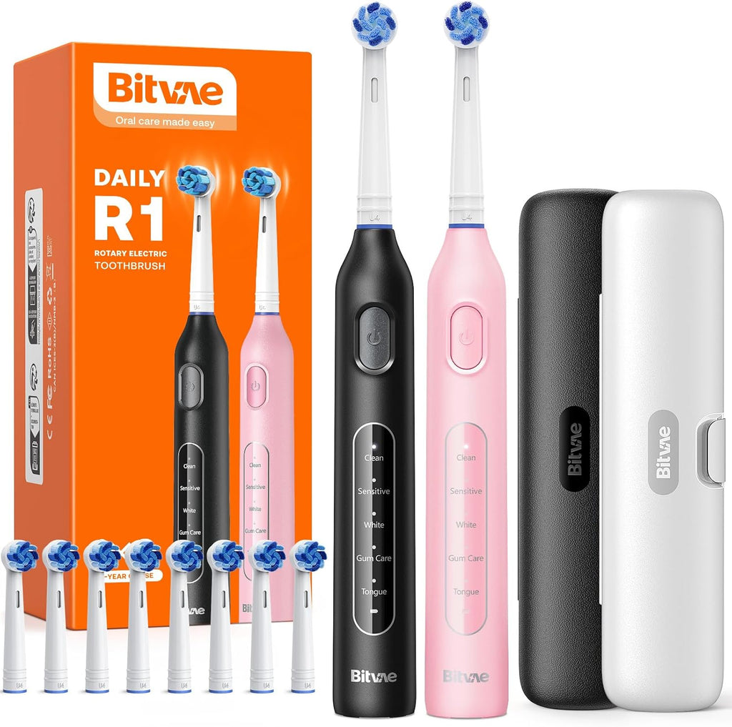 Bitvae Rotating Electric Toothbrush 2 Packs for Adults and Kids, 8 Brush Heads 60-Day Battery Life, 5 Modes Power Toothbrush with 2-Minute Smart Timer, Black & Pink, R1