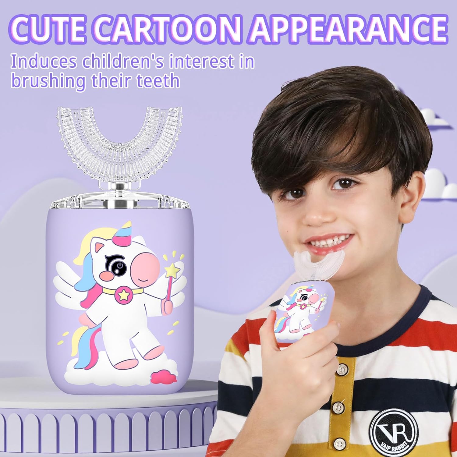 Kids Electric U Shaped Toothbrush Unicorn Rechargeable Sonic Toothbrush with 4 Soft Brush Heads with Kid Toothpaste IPX7 Waterproof - (Age 2-7, Purple)