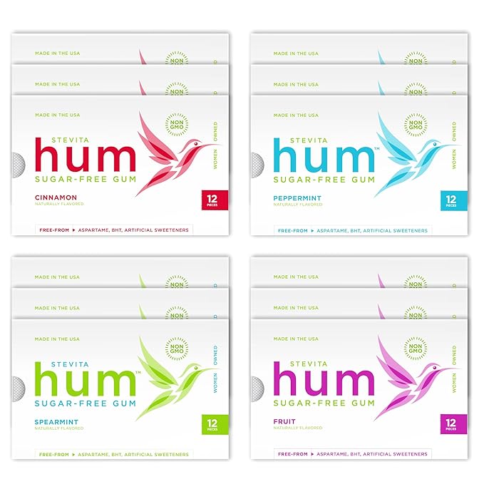 Stevita Hum, Variety Pack - 12 Packets of Sugar-Free Gum - Includes Three of Each Flavor: Peppermint, Cinnamon, Fruit & Spearmint - Non-GMO, Vegetarian, Keto, Gluten Free