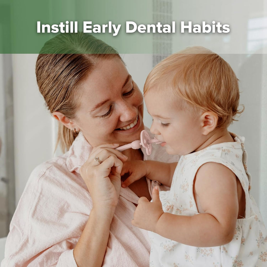 haakaa 360° Baby Toothbrush with Suction Base - Gentle Cleaning for Toddler's Self-Brushing Training, Food-Grade Silicone, Adjustable Safety Shield - Dusty Pink (1 Piece)