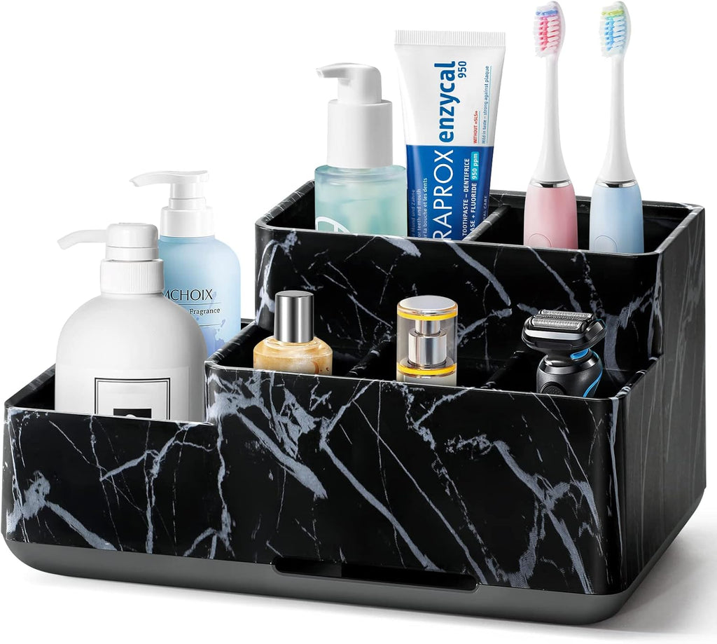 Electric Toothbrush Holder for Bathroom, Plastic Bathroom Countertop Organizer Compartment, Vanity Organizer Tray,Countertop Organizer Box, Kids Desk Organizers and Storage,Black Marble Pattern